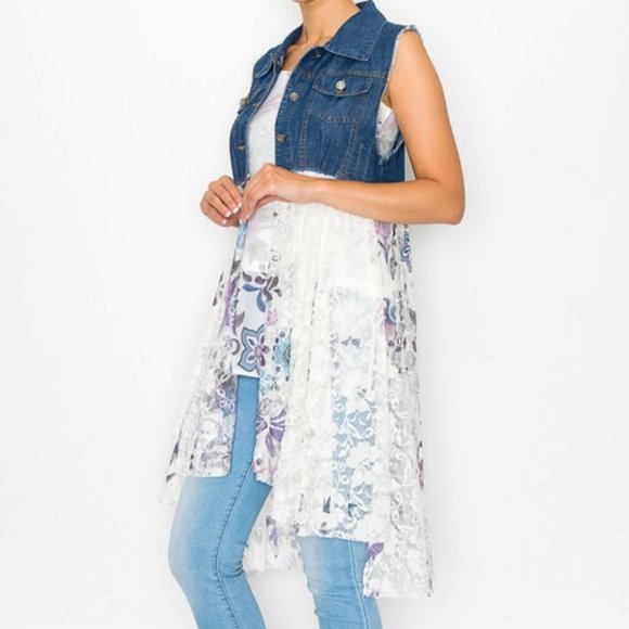 new ORIGAMI DUSTER CARDIGAN VEST FLORAL DENIM & LACE SM-3X western boho chic - Picture 3 of 10